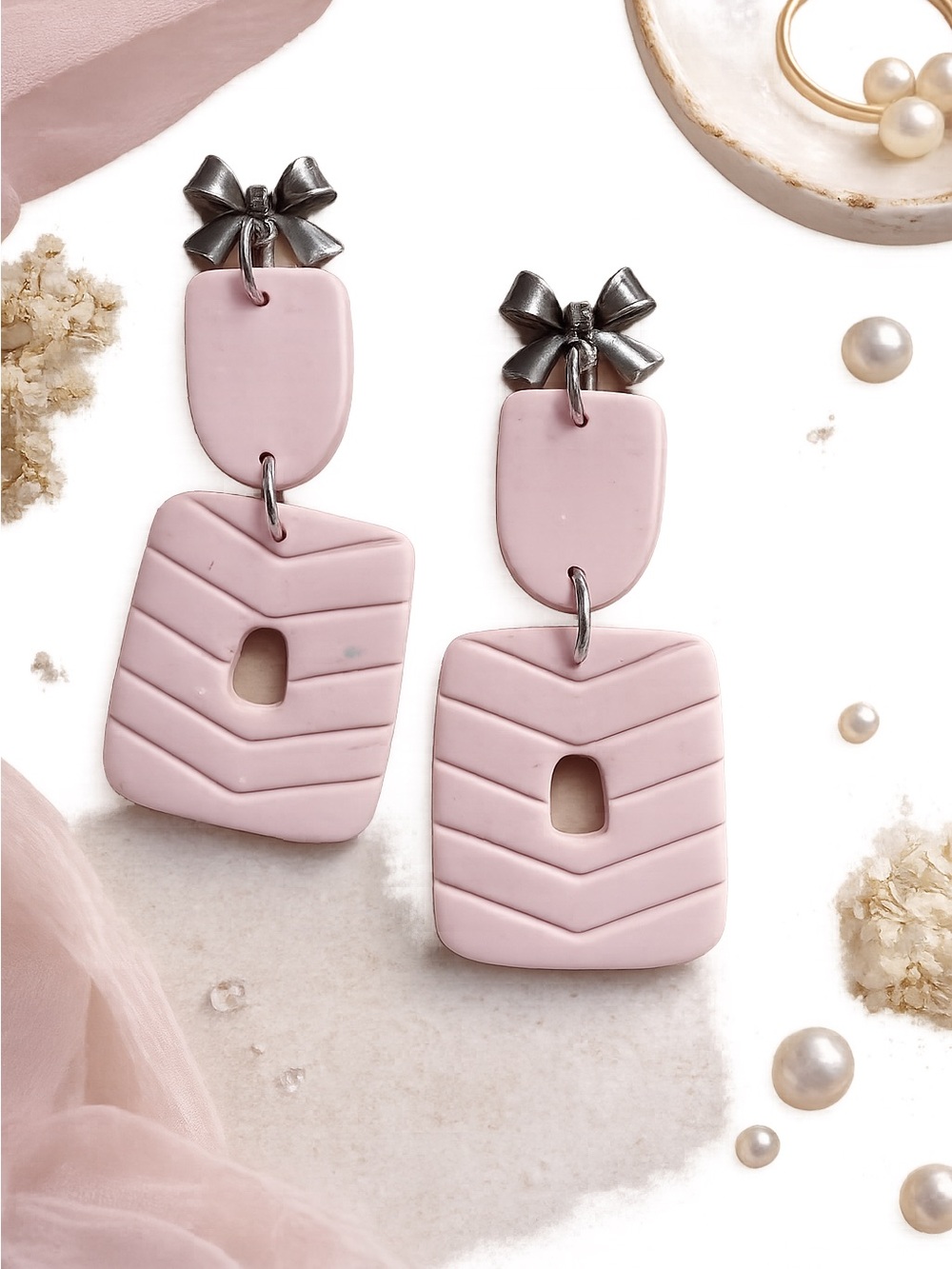 Pink Bow Drop Handmade Polymer Clay Earrings - Women Jewelry